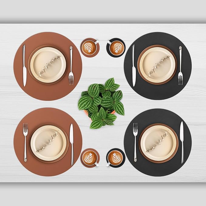 Myir JUN Round Placemats Set of 6 Faux Leather Place Mats and Coasters 15 inch Round Table Mats Dual Sided Non-Slip Stain Resistant Placemats (Black & Brown, Set of 6)