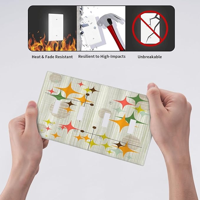 Light Switch Cover Mid Century Modern Retro Stars 4 Gang Switch Plate Quad Toggle Wall Plates Decorative Switchplate Electrical Outlet Cover for Bathroom Bedroom Decor