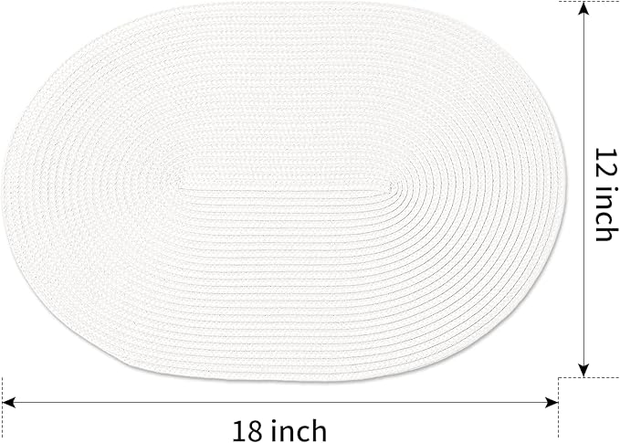FunWheat Oval Braided Placemats Set of 6 Table Mats for Dining Tables Woven Washable Non-Slip Shining Place mats12x18 Inch Table mats for Indoor Outdoor Use((Oval White, 6pcs)