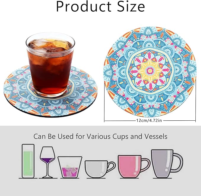 Round Coasters Set of 6,Non Slip Rubber Coasters for Drinks,Mandala Pattern Design Coaster for Coffee Table Wine Glass Home Bar 4.7 Inch