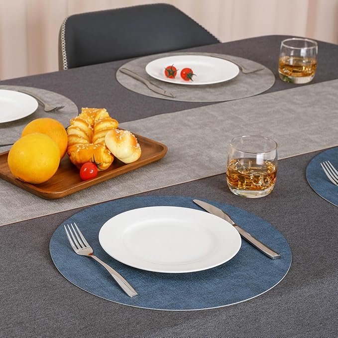 Myir JUN Reversible Vinyl Round Placemats Set of 4, Faux Leather Place Mats Dual Sided Waterproof Wipeable, Heat-Resistant Table Mats for Kitchen Dining Indoor Outdoor (14", Light Gray Navy Blue)