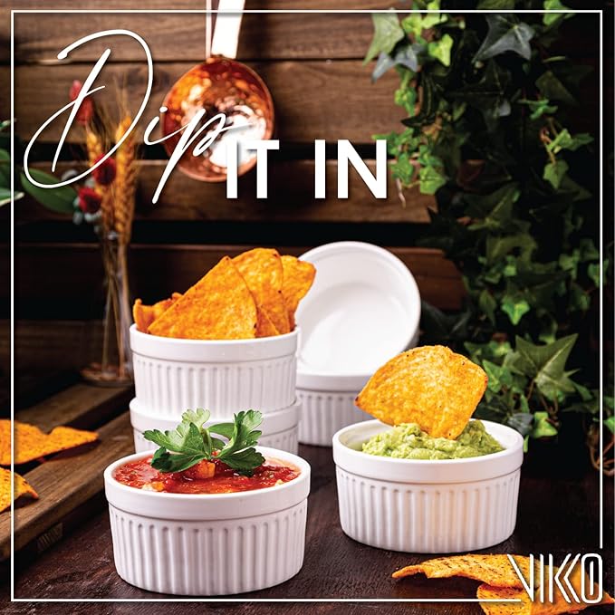 Vikko White Ramekin, Set of 4 Fine Porcelain Ramekins, Stackable 4 Inch Bowls, 7 Ounce Dips Dish, Dishwasher Safe