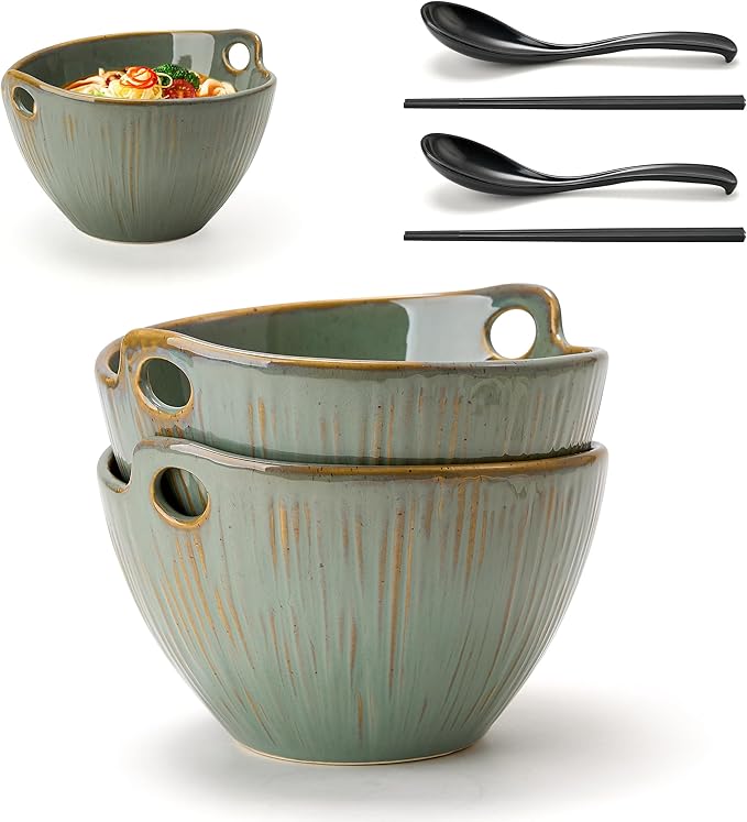 Ramen Bowl with Chopsticks and Spoons Set, 7 Inch Ceramic Noodle Bowl Set of 2, Dishwasher Safe for Pho Udon Soba Noodle Salad Pasta, Special Reactive Glazed Green Bowls Set
