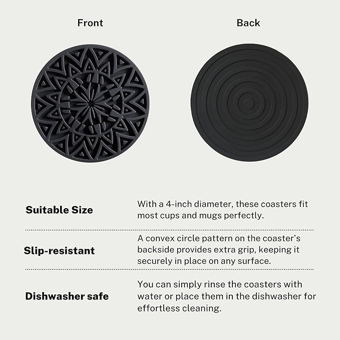 Set of 6 Black Silicone Coasters with Holder, Drink Coasters with Tribal Pattern Shape- for Table Protection, Anti Slip, Nonstick, Heat Resistant, Deep Tray