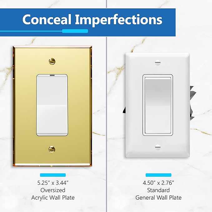 LIDER Reflective Acrylic Decorator Wall Plate, Mirrored Light Switch Plate, Plexiglass Outlet Cover, Acrylic Glass, Oversized 1-Gang 5.25" x 3.44", LWP-31O-AGD, Gold