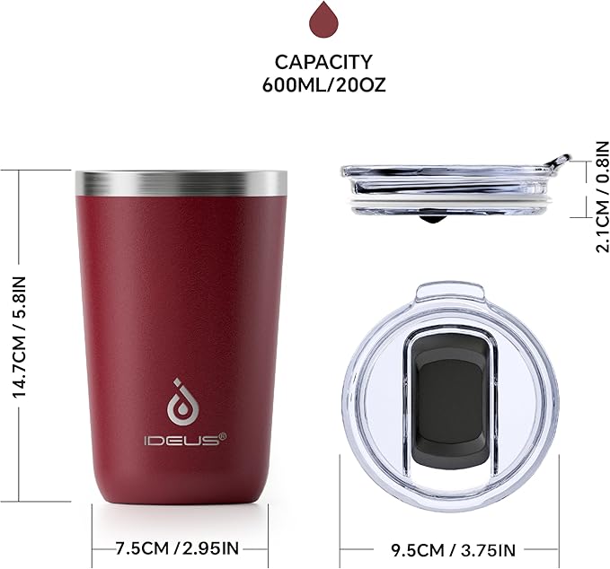Ideus 20 oz Tumbler, Travel Coffee Mug with Splash Proof Sliding Lid, Double Wall Stainless Steel Vacuum Insulated Coffee Mug for Home and Office, Keep Beverages Hot or Cold, Blood Red