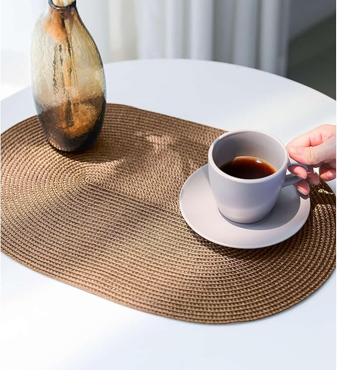 FunWheat Oval Braided Placemats Set of 8 Table Mats for Dining Tables Washable Heat Resistant Place Mats for Indoor Outdoor Use 12 x18 Inch(Oval Light Brown, 8pcs)