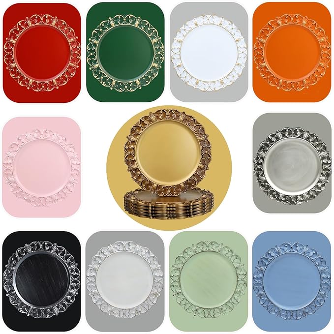 Gold Charger Plates Set of 6, Decorative Table Plastic Chargers for Dinner Plates, Party, Wedding, Thanksgiving, Christmas, 11G