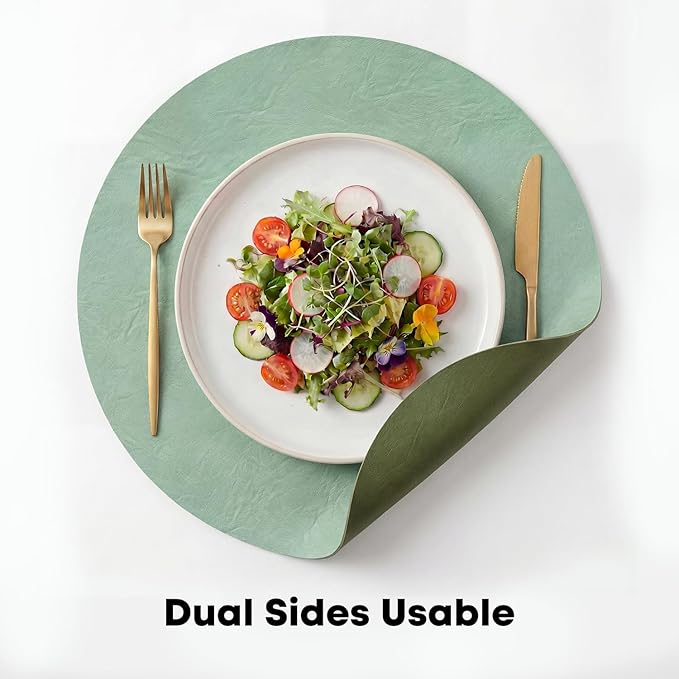 Artoid Mode Sage Faux Leather Placemats Set of 4, 15 Inch Waterproof Wipeable Heat Resistant Vinyl Place Mats, Reversible Table Mats for Spring Kitchen Dining Decor