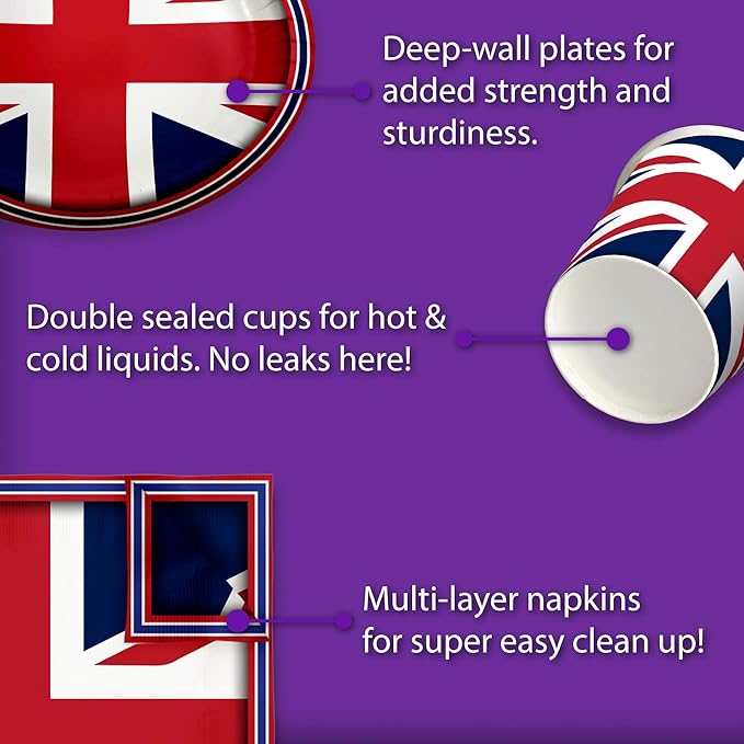Britain UK England British Flag Birthday Party Supplies Set Plates Napkins Cups Tableware Kit for 16