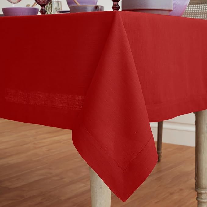 Solino Home Linen Red Tablecloth 60 x 144 Inch - 100% Pure Linen Rectangular Tablecloth - Machine Washable Table Cloth for Valentines - Fete