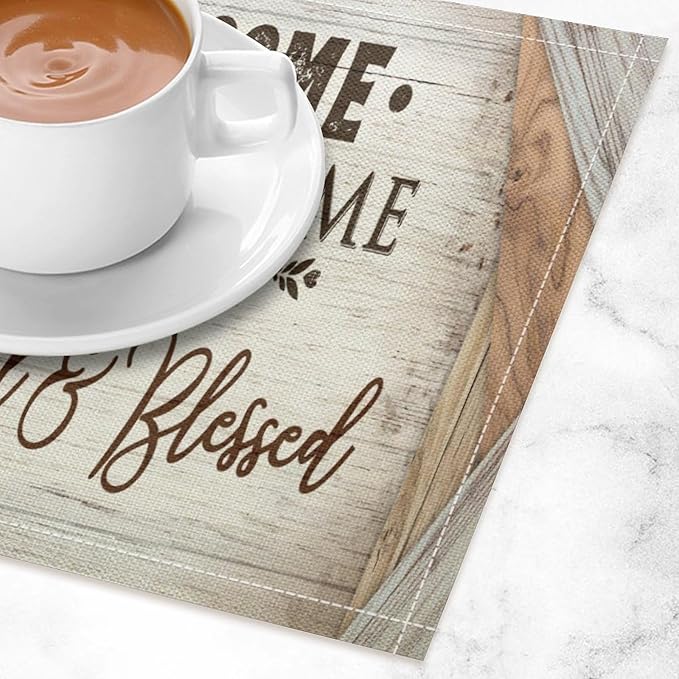 Vintage Farmhouse Placemat Set, Beige White Rustic Wooden Plank Patchwork Welcome Home Letter Inspirational Quotes Pattern Home Decor Linen Table Mats for Dining Room Kitchen Party (17x12in) x2P