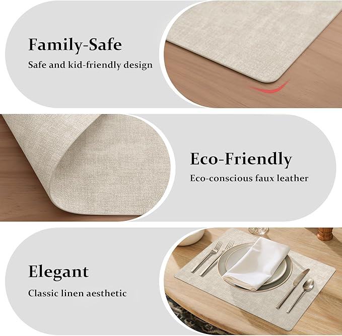 FROMHEART Faux Leather Placemats Set of 4–Waterproof,Heat/Oil Stain-Resistant PU Table Mat–Reversible,Non-Slip,Easy to Clean Place Mats for Kitchen,Dining,Indoor/Outdoor,(Beige,11.8" x 17")