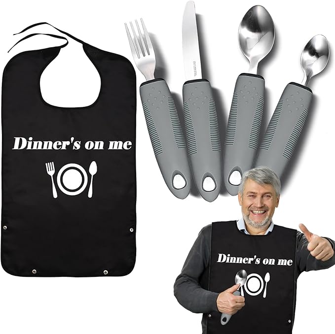 Adaptive Utensils with Adult Bib - 4pcs Weighted Utensils Set (2.5oz Each) for Hand Tremors, Elderly, Parkinson's, Arthritis - Non-Slip Easy Grip Handles for Independent Eating