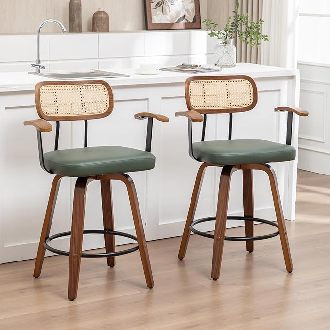 Rattan Swivel Bar Stools Set of 2,Green Faux Leather Counter Height Barstools with Arms Rattan Backrest/Wooden Legs,Mid Century Modern Bar Chairs for Kitchen/Dining Room/Bar