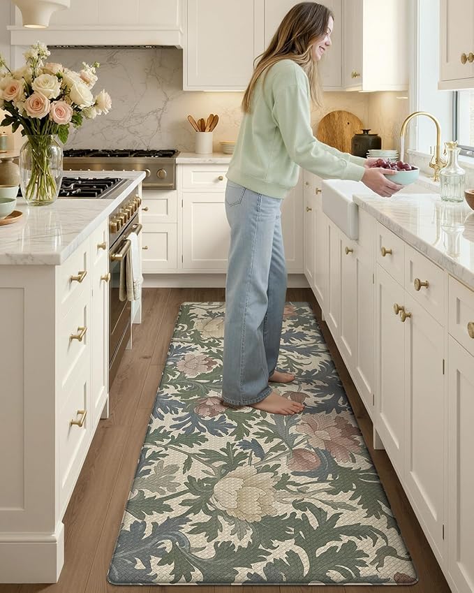 Color&Geometry Floral Kitchen Mat 24"x87", Anti Fatigue Kitchen Mats for Floor, Kitchen Rugs Non Slip, Waterproof & Oil Proof Padded Runner for Standing Desk Office, Sink - Floral Beige
