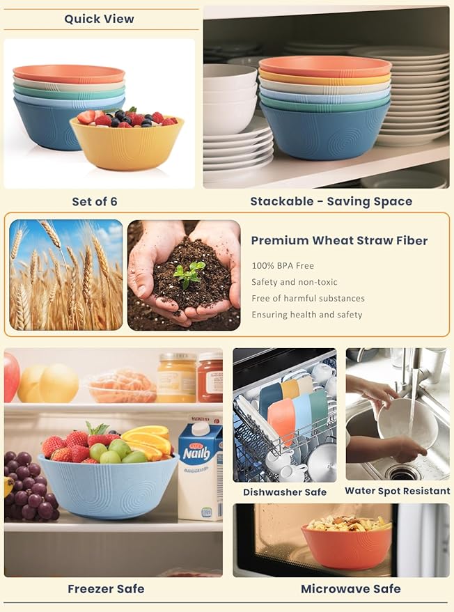 Homienly Unbreakable Cereal Bowls, Wheat Straw Bowl with Textured, 36oz Microwave Safe Plastic Bowls for Kitchen, Party, Large Soup Bowls for Popcorn, Ramen, Salad, Dishwasher Safe (Multi,6 PCS)