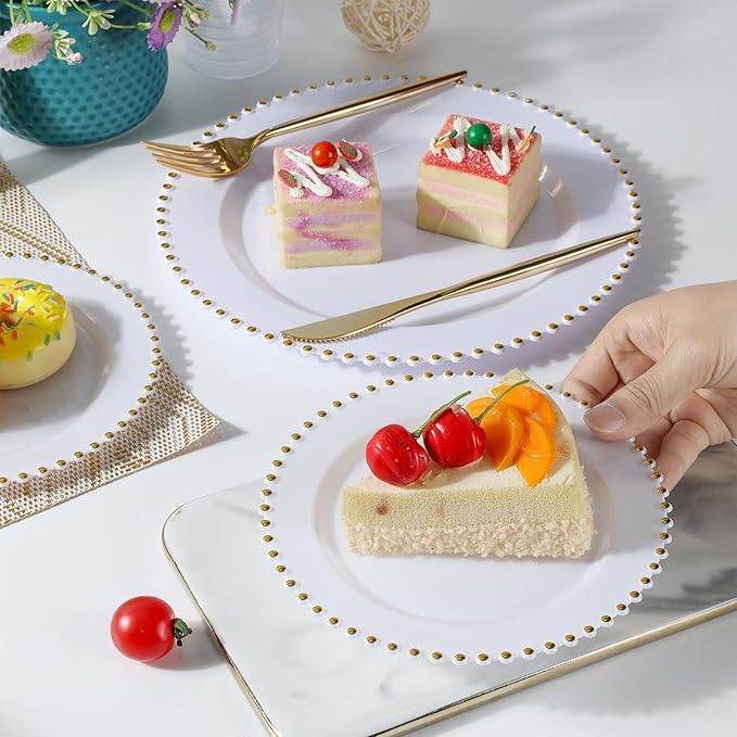 EI 60pcs White Plastic Plates with Gold Rim,Heavy Duty 10" Dinner & 7" Dessert Plate Disposable,White and Gold Plate for Party,Wedding,Birthday,Afternoon Tea,Spring,Mother's Day,Valentine's Day
