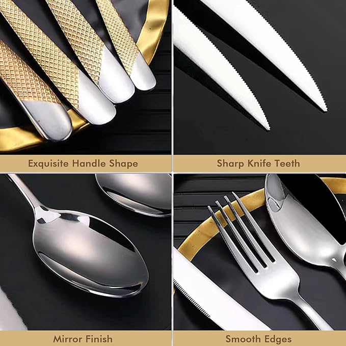 40-Piece Silverware Set, Luxury Gold Silverware Kitchen Flatware Sets Service for 8, Premium Cutlery Utensil Set with Dinner Knife Spoon Fork Set, Durable Stainless Steel Tableware Sets