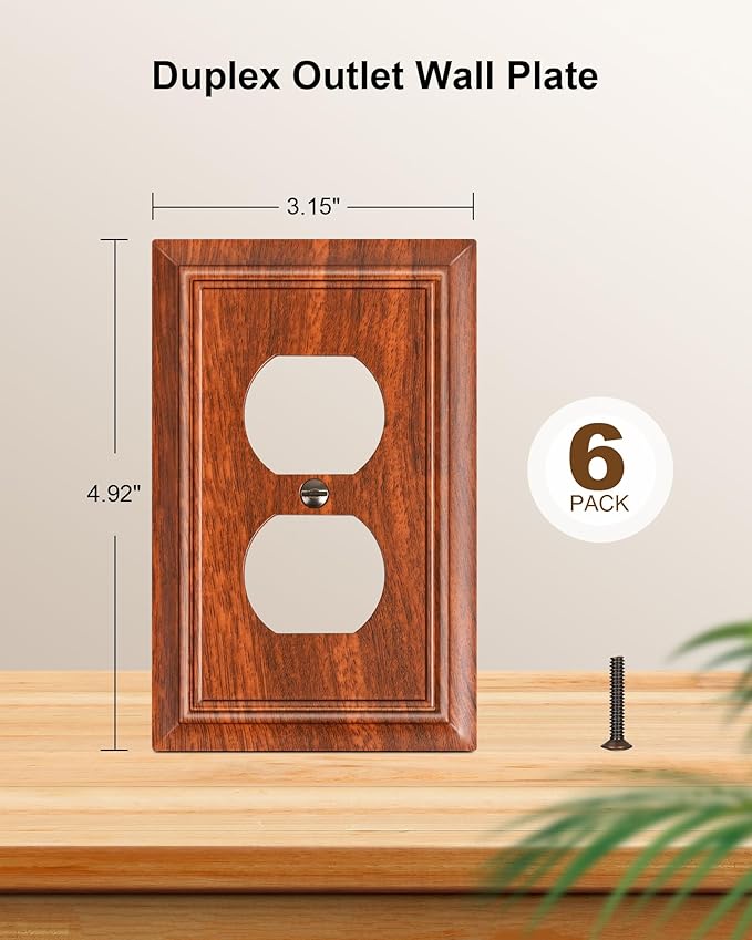 6-Pack Duplex Outlet Cover Plate, Decorative Wood Grain Switch Plates and Outlet Covers, Natural Bamboo Fiber Wall Plates for Electrical Outlets, 1 Gang Receptacle Cover, Corrosion Resistant