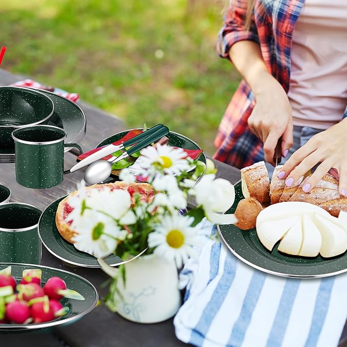 Nuogo 12 Pcs Enamel Camping Tableware Set Dinnerware Kit Includes 12 oz Coffee Mugs Camping Plates Bowls and Utensils Set with Knife Fork Spoon for 2 People Hiking Picnic Outdoor