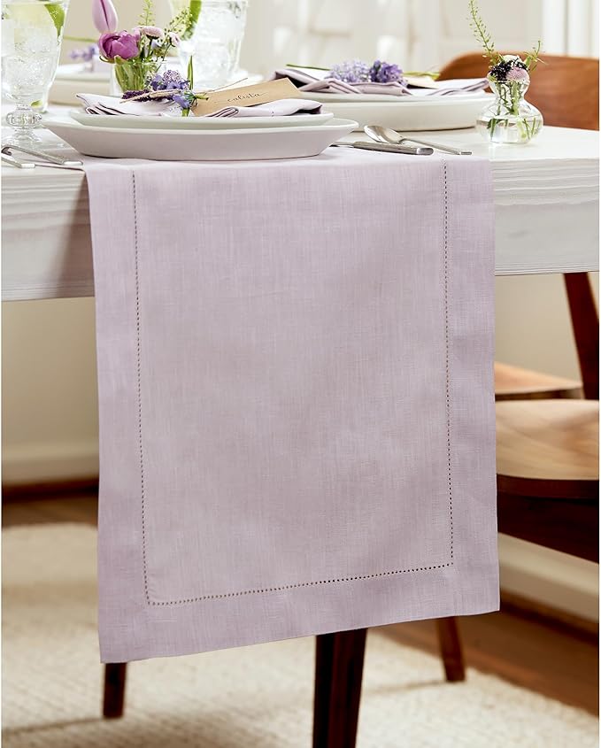 Solino Home Linen Lilac Table Runner 90 Inches Long - 100% Pure Linen Hemstitch 14 x 90 Inch Table Runner for Dining, Valentines, Spring, Easter - Classic Hemstitch
