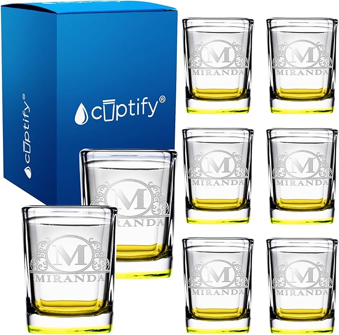 Personalized Square Shot Glasses Set of 8 Yellow Bottom 2oz Engraved Initial and Name Custom Gifts, Weddings, Birthdays, Party, Event, Decorations