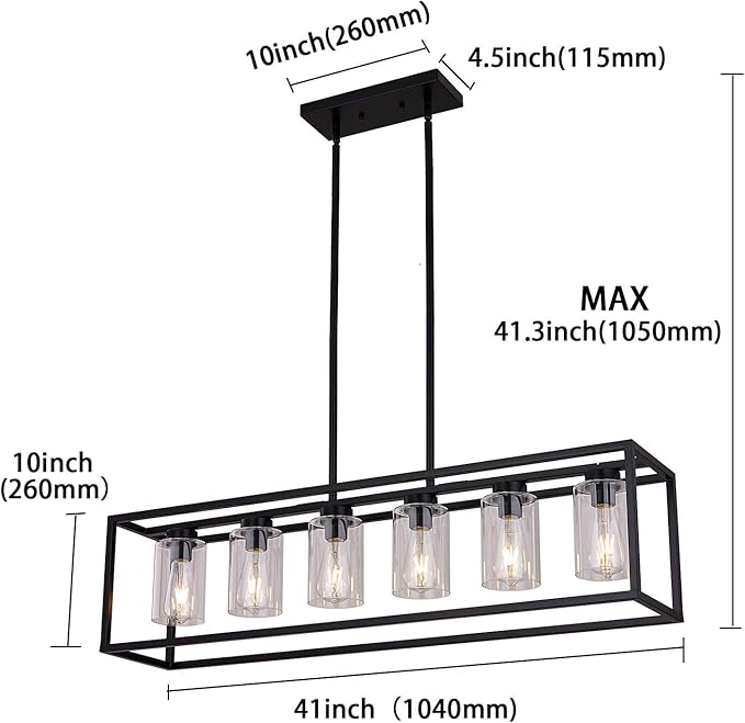 XILICON Dining Rooms Black Chandeliers,Kitchen Island Farmhouse Lighting Fixture Industrial Rustic Ceiling Hanging 6 Light Modern Pendant Light with Glass Shade