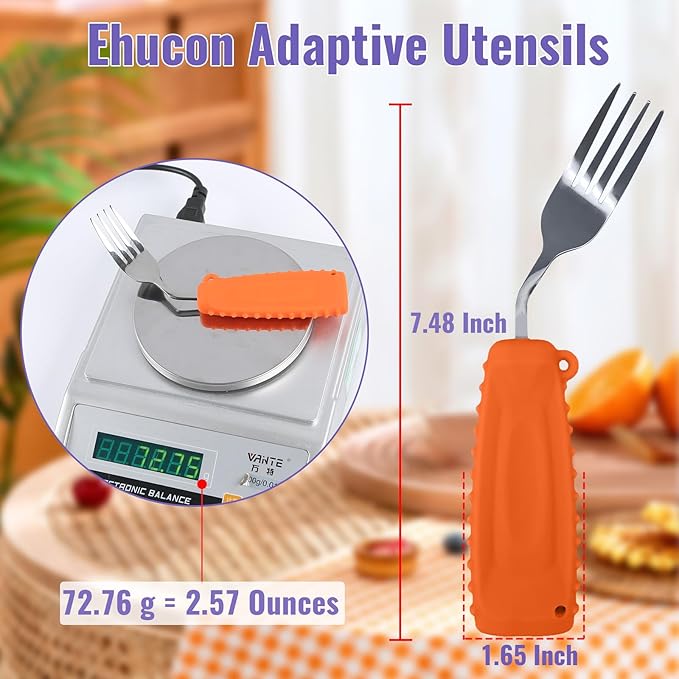 Adaptive Weighted Silverware Utensils Angled Fork for Hand Tremors Parkinsons,Weighted Utensils with Non-Slip Easy Grip Handles for Independent Eating(Left Hand,Orange,Pack of 1)