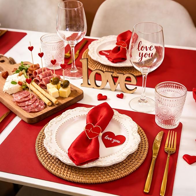 Red Love Napkin Rings Set of 6, Valentines Day Napkin Ring Holders for Ceremony Decor Wedding Anniversary Dinner Party