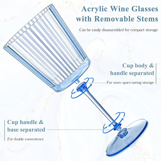 24 PCS Blue Ribbed Plastic Wine Glasses 13.5 OZ Ribbed Wine Glasses Detachable Wine Glass Elegant Fluted Glassware Vintage Style for Wedding Anniversary Birthday Dinner Parties(Blue, 24 Pack)