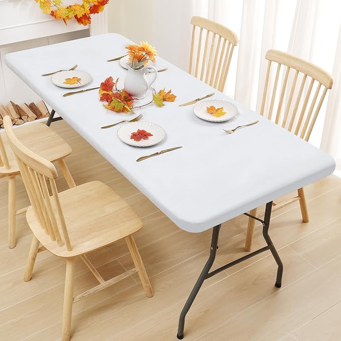 Smiry Rectangle Tablecloth, Elastic Fitted Flannel Backed Vinyl Tablecloths for 5ft Folding Tables, Waterproof Wipeable Table Covers for Indoor, Outdoor, Picnic and Camping (White, 36"x60")