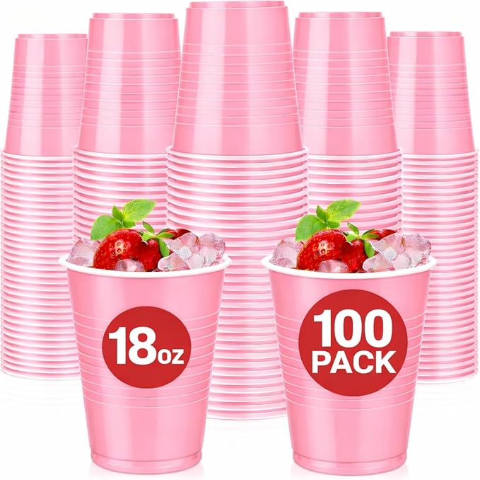 Disposable Cups, Pink 18-Ounce Plastic Party Cups, Strong and Sturdy for Wedding, Christmas, Halloween, 100 Pack