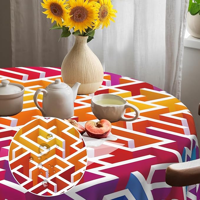 Laeacco 54 Inch Maze Round Tablecloth Colorful Labyrinth Texture Modern Geometric Abstract Art Print Table Cloth Washable Waterproof Wrinkle Free Table Cover for Kitchen Dining Picnic Party Decor