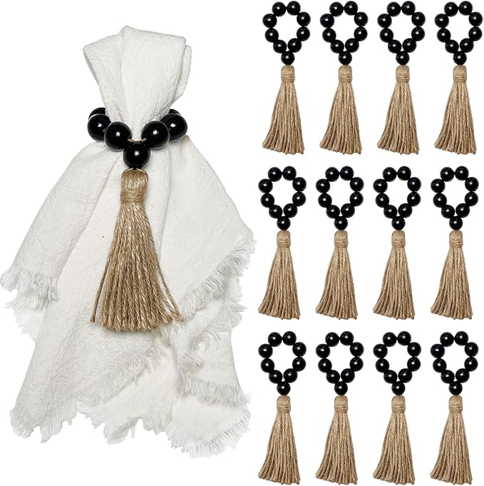 Napkin Rings Set of 12,Wooden Napkin Ring,Wood Bead Elastic Farmhouse Napkin Holder with Tassel,Boho Napkin Rings for Table Decor,Weeding,Dinner,Party (Black)