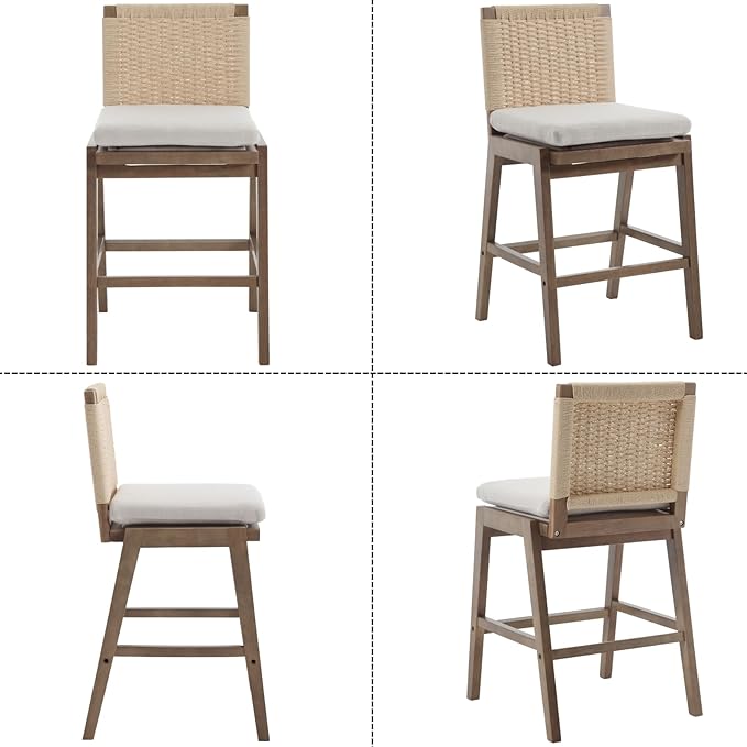 Counter Height Bar Stools Set of 2, 27” Linen Fabric Upholstered Counter Stools with Back, Modern Woven Barstools Mid Century Farmhouse Wooden Bar Chairs for Kitchen Island Dining Room, Beige