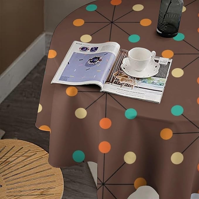 Mid Century Boho Round Tablecloth, 50s Mid Century Modern Geometric Pattern Tablecloth for Home Party Dining Room Kitchen Decor 70Inch(178cm)