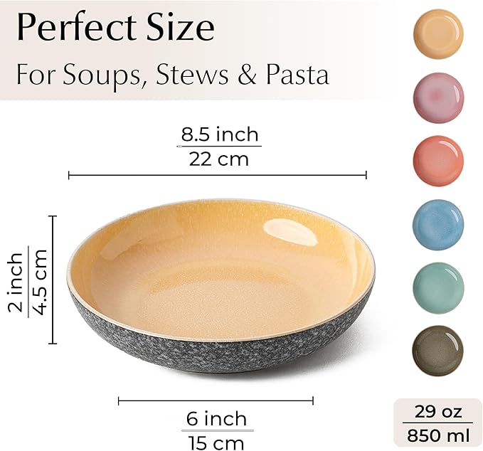 MIAMIO - Soup Plates Set of 6 (29 oz) / Pasta Bowls, Colorful Bowls for Pasta, Salad, Soup, Spaghetti/Microwave and Dishwasher Safe Bowls - Las Palmitas Collection