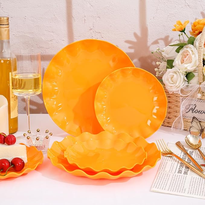 LIYH 50 Pcs Orange Scalloped Plastic Plates Heavy Duty Plates Reusable Unbreakable Plastic Plate for Party,Dishwasher Safe BPA Free (25Guests)