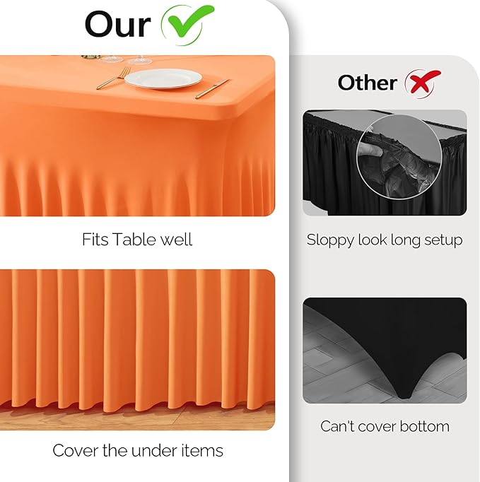Wish Care 2 Pack Orange Spandex Table Clothes for 4 Foot Rectangle Tables, 4FT Wrinkle Free Fitted Tablecloths Ruffles Design Table Cover for Party, Banquet, Wedding and Events