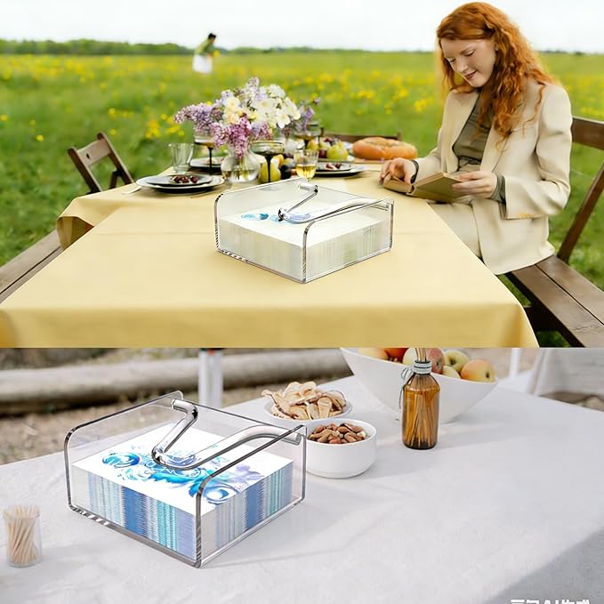 Clear Acrylic Gravity-Fed Napkin Holder with Weighted Arm, 6.5x6.5 Inch - Keeps Napkins in Place, Stable for Outdoor Dining Table & Patio
