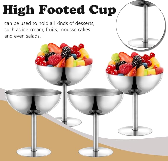 Ice Cream Bowls Stainless Steel Dessert Cups with Spoons Reusable Footed Sundae Cups Ice Cream Cups for Dessert, Frozen Yogurt, Gelato, Birthday Party Decorations (4, Silve)