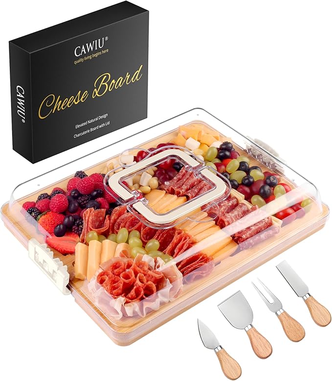 Charcuterie Board with Lid and Handle - Portable Travel Design Bamboo Cheese Board Set with 4 Cheese Tools, Gift for Housewarming, Weddings, Picnics(6 Compartments, White)