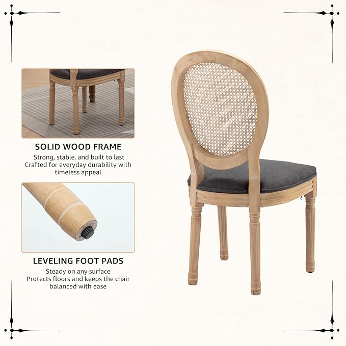 Vintage French Rattan Dining Chairs Set of 6, Solid Wood Frame with Round Rattan Back and Linen Upholstered Seat, Farmhouse Accent Sillas de Comedor Side Chairs for Dining Room & Kitchen, Gray