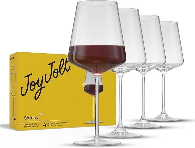 JoyJolt Sidney Burgundy Wine Glasses Set of 4 | 22.5 oz Stemmed Large Red Wine Glasses | Modern Home Bar Glass Set (Clear) | Premium Crystal Stemware Made in Europe