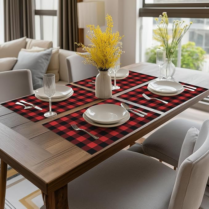 Artoid Mode Buffalo Plaid Vinyl Placemats Set of 4, 12x18 Inch Washable Non-Slip Heat Resistant Plastic Place Mats for Party Dining Table, Black/Red