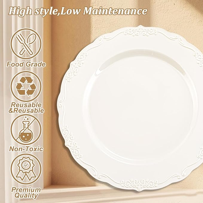 DaYammi 60PCS Ivory Plastic Plates, Party Plates Disposable Heavy Duty Disposable Plates Premium 7.5inch Ivory Dessert Cake Salad Appetizer Plate Hard Plastic Platos Disposable for Party Wedding