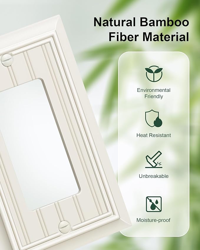 2-Pack Classic Beadboard Decorator Wall Plate Cover, Light Almond Decorative Switch Plates and Outlet Covers, Durable Natural Bamboo Fiber Wall Plates for Electrical Outlets, Receptacle, GFCI Outlet