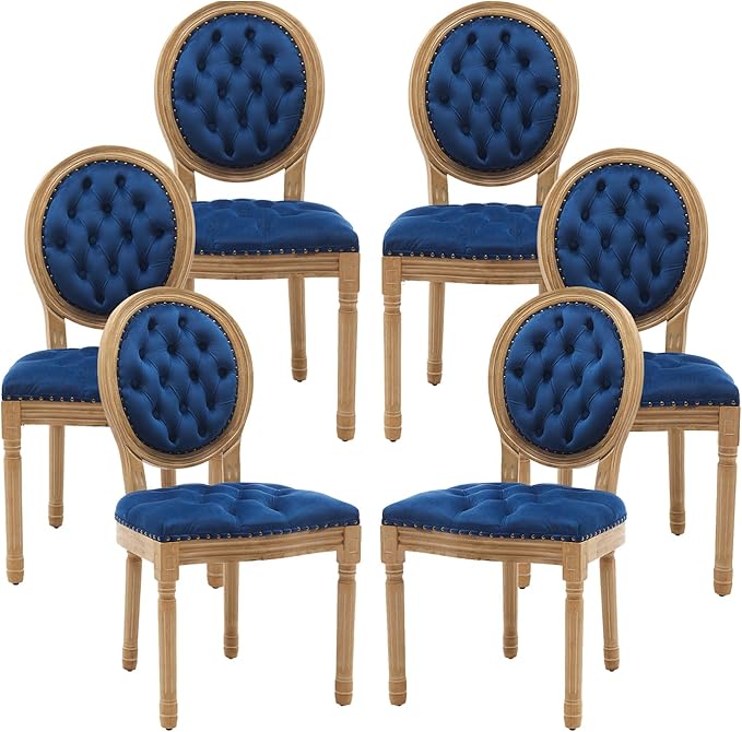 Vintage French Dining Chairs Set of 6, Round Back Velvet Upholstered Accent Chairs with Nailhead Trim and Solid Wood Frame, Elegant Sillas de Comedor for Dining Room & Kitchen, Blue