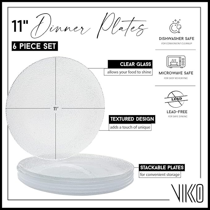 Vikko Salad Plate, Set of 6 Glass Plates, Dinner Plate, Elegant Textured Glass Design, Stackable 11 Inch Plates, Dishwasher Safe
